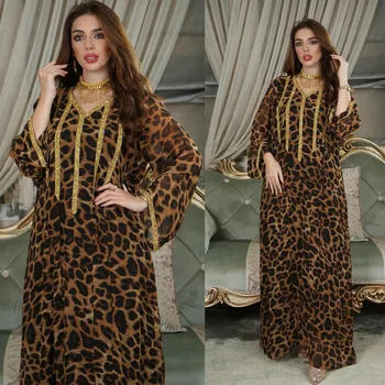 Леопардовый принт, весенние коричневые бриллианты, Женская Длинная абайя, Дубай, Ближний Восток, Модное Арабское мусульманское платье, халат Femme Musulmane