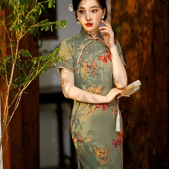 Летнее Атласное китайское платье Cheongsam Long Qipao, модные сценические костюмы размера плюс 3XL-5XL, вечерние платья в стиле ретро