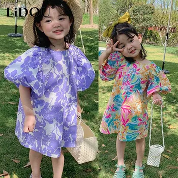 Летнее Платье из чистого хлопка в кавайном стиле с цветочным узором для девочек, с рукавами-бутонами, Свободное, милое праздничное платье для маленьких детей, Шикарная детская одежда