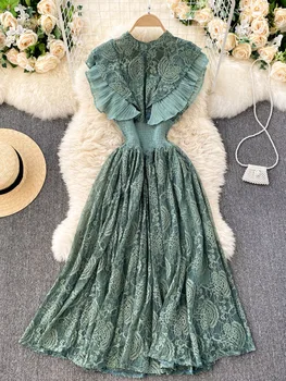 Летнее темпераментное Модное Женское Французское Элегантное плиссированное платье миди с оборками и тонким темпераментным кружевом C416