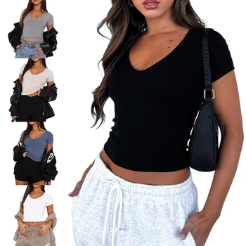 Летние женские базовые топы с коротким рукавом, однотонные трикотажные футболки с V-образным вырезом в рубчик, облегающие футболки, Уличная одежда
