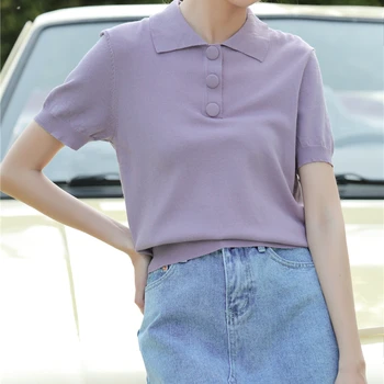 Летние женские топы с отложным воротником и короткими рукавами, повседневная однотонная трикотажная женская футболка, Маленькие свежие базовые футболки в корейском стиле
