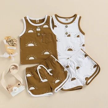 Летние комплекты одежды для Младенцев 2022, Модные детские трикотажные топы без рукавов с рисунком Солнца + Эластичные шорты с карманами, костюм