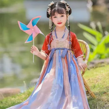 Летние традиционные китайские платья для девочек с коротким рукавом, Длинный костюм Принцессы Династии Тан, Юбка с Оборками, Скромная одежда Феи