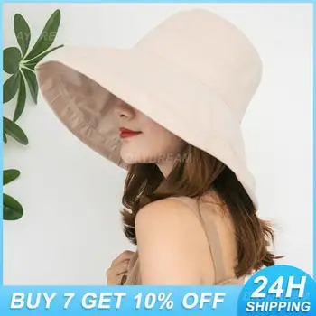 Летняя Женская солнцезащитная шляпа 2022, Пляжная шляпа с широкими полями, Складная хлопчатобумажная Дышащая уличная шляпа Рыбака, однотонная солнцезащитная шляпа-ведро