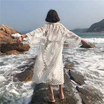 Летняя женская одежда для защиты от солнца, Новая длина, Корейская версия, Пляжный Кружевной Кардиган для Пляжного отдыха с кондиционером, Тонкий топ Tide