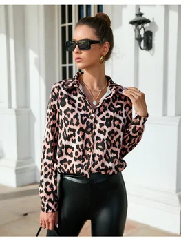 Летняя однобортная рубашка с леопардовым принтом и длинными рукавами, блузки, рубашка для гольфа, женские топы