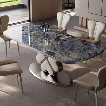 Маленькие И большие столы для столовой с натуральной синей текстурой, Столешница из мраморной плиты, основание из четырехлистного клевера, Устойчивый кухонный стол