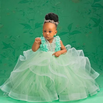 Милое Мятно-Зеленое Фатиновое платье Трапециевидной формы С оборками, Детские Пышные Бальные Платья С 3D Цветочной Аппликацией, Южно-Африканские Детские платья На Фото