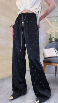 Модный Классический роскошный дизайн, повседневные широкие брюки с эластичной талией и бриллиантами, женские брюки