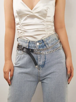 Модный женский пояс с серебряной цепочкой из искусственной кожи с регулируемой длиной и пряжкой, женский пояс с застежкой в виде рока для джинсов-платьев