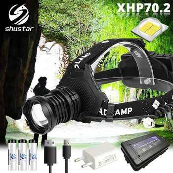 Мощный светодиодный налобный фонарь с лампой XHP70.2, фара для рыбалки из бисера, 5 режимов освещения, водонепроницаемый фонарь для кемпинга с телескопическим зумом