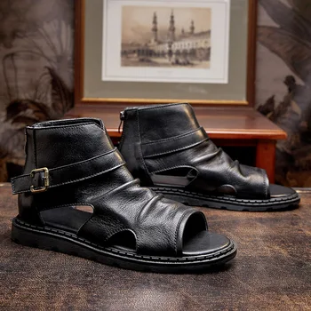 Мужская обувь в римском стиле из летней кожи с высоким берцем, дышащие деловые повседневные сандалии из воловьей кожи с головным убором