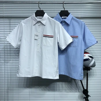 Мужская оксфордская рубашка TB THOM обычного кроя с коротким рукавом и карманами в полоску, летние модные брендовые повседневные хлопчатобумажные рубашки приталенного кроя
