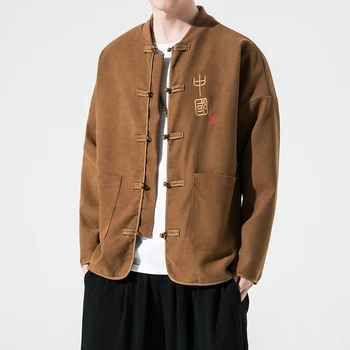Мужская осенне-зимняя вельветовая куртка в традиционном китайском стиле, мужская контрастная куртка с пряжкой, мужские топы с вышивкой Hanfu