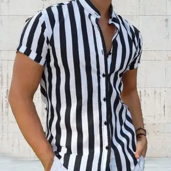 Мужская рубашка 2022, рубашка с коротким рукавом, в полоску, универсальные футболки с воротником-стойкой для мужчин, повседневная рубашка с рукавами, блузка, топ рубашка