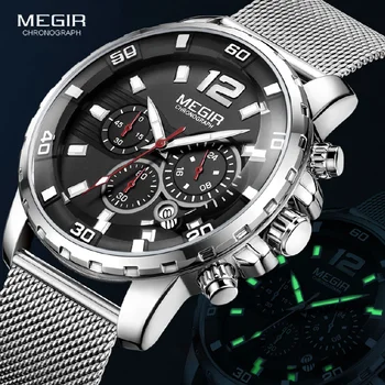 Мужские Кварцевые часы MEGIR с хронографом 2023, роскошные, лидирующий бренд, военно-спортивные водонепроницаемые наручные часы, мужские часы с сетчатым ремешком, часы