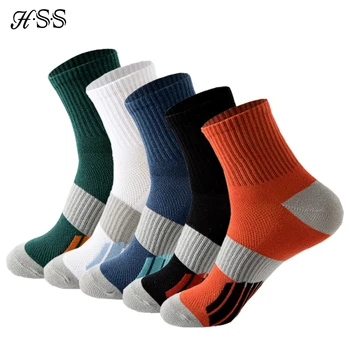 Мужские носки для баскетбола HSS, Спортивные носки для бега, 5 пар/лот, органический хлопок, Летние дышащие быстросохнущие носки для фитнеса, Мужские Большие размеры