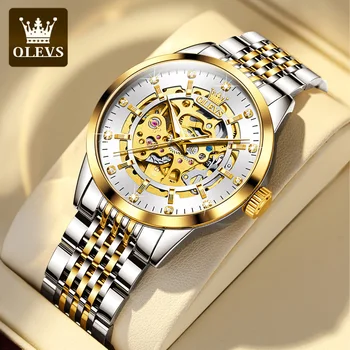 Мужские часы OLEVS 9920, Роскошные мужские механические наручные часы с золотым скелетом, Водонепроницаемая люминесцентная бусина из нержавеющей стали