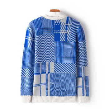 Мужской Новый весенне-осенний трехсезонный вязаный свитер из 100% чистой шерсти контрастного геометрического цвета с круглым вырезом, модный Свободный корейский свитер