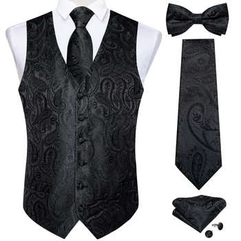 Мужской Черный жилет с узором Пейсли, галстук-бабочка, карманные квадратные Запонки, комплект одежды жилетка мужская Классический деловой жилет из 5 предметов для мужчин