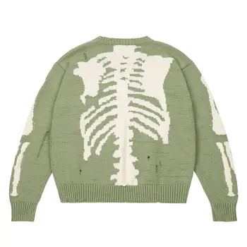 Мужской пуловер в стиле хип-хоп, зеленый, свободный, с принтом костей скелета, Женский высококачественный вязаный свитер с длинными рукавами в стиле Ретро с отверстиями 1: 1
