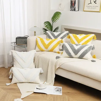 Наволочка с геометрическим рисунком в стиле Бохо из синели, желто-серая Белая наволочка с кисточками, декоративная наволочка для домашнего дивана