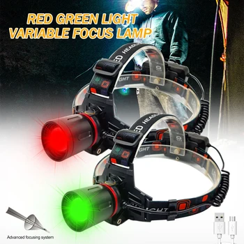 Налобный фонарь с зеленым/красным светом, Масштабируемая головка, 4 режима, Фара, Зарядка через USB, Охотничий фонарик, питание от аккумулятора 18650