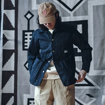 Нестандартная Джинсовая куртка для работы по дому, Винтажная рабочая одежда для мужчин, Железнодорожное пальто 91-J Синего цвета