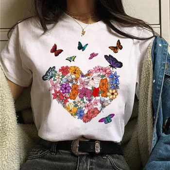 Новая модная женская футболка с принтом бабочки и сердца, Женские повседневные милые футболки, Женская графическая футболка, Летние топы с коротким рукавом