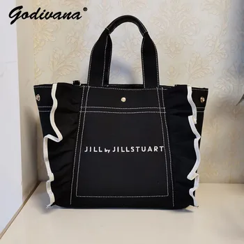 Новая черная холщовая сумка в японском стиле большой емкости с вышитыми буквами, художественная горизонтальная сумка для отдыха на одно плечо, женская сумка