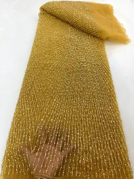 Новейшая золотая Роскошная Элегантная африканская вышивка из бисера 2023, Кружевная ткань в нигерийском стиле с блестками, Кружевная ткань для свадебного платья