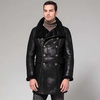 Новое Черное пальто из овчины, Мужская Кожаная куртка-бомбер B3, Длинная меховая верхняя одежда, Зимнее Охотничье пальто
