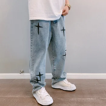 Новые Джинсы с вышивкой, мужские Прямые Свободные Широкие брюки, Весенне-осенние корейские модные мужские брюки в стиле хип-хоп