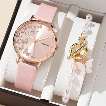 Новые Женские часы-браслет с бабочкой, Модные повседневные часы на кожаном ремне Для женщин, простые женские кварцевые наручные часы, подарочный набор