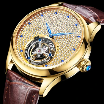 Новые высококачественные мужские часы с турбийоном, Роскошные бриллиантовые сапфировые светящиеся стрелки, водонепроницаемые оригинальные деловые механические наручные часы
