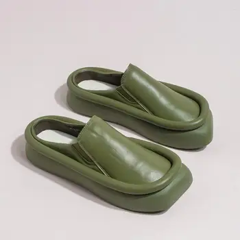 Новые зеленые женские тапочки на платформе, Модная женская летняя обувь, Дизайнерские Вьетнамки, Уличные Пляжные тапочки на плоской подошве, кожаные шлепанцы