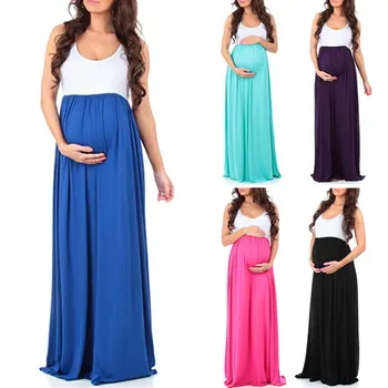 Новые элегантные платья для беременных, однотонные длинные платья с круглым вырезом, без рукавов, с отстрочкой, Летнее платье Макси, Vestidos, Платье для кормящих