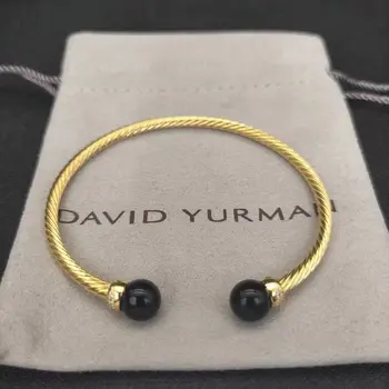 Новый Классический браслет David S925 из стерлингового серебра, черного оникса и бриллианта с кабелем толщиной 3 мм для подарка мужским ювелирным изделиям