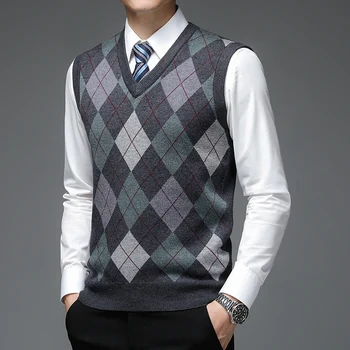 Новый Модный дизайнерский бренд Argyle, Пуловер, свитер со стразами, вязаный жилет с V-образным вырезом, Мужская Осенняя повседневная мужская одежда без рукавов из 6% шерсти