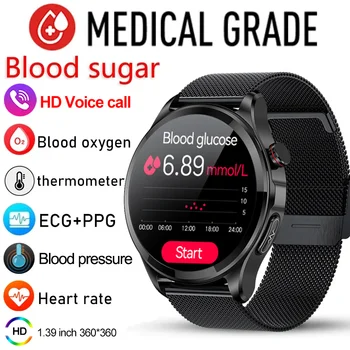 Новый монитор уровня глюкозы в крови ЭКГ Умные часы для здоровья мужчин Вызов Bluetooth Часы для измерения артериального давления температуры тела 2023