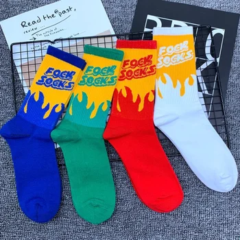 Носки мужские модные красные, желтые, сращенные, спортивные носки для баскетбола в стиле хип-хоп, хлопковые носки с огненными буквами
