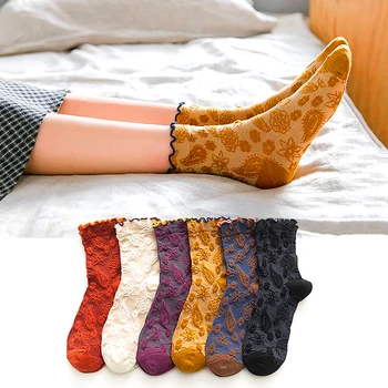 Носки с тонкими цветами в этническом стиле, Женские носки с деревянными ушками, Ретро, Средняя труба, Осенние хлопковые женские носки, Мода