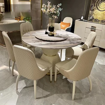 Обеденный набор премиум-качества: Круглый обеденный стол MANBAS из нержавеющей стали и 6 стульев из натуральной кожи, мебель для домашней кухни