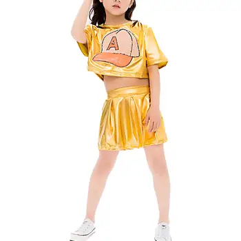 Одежда для девочек в стиле хип-хоп, Детские костюмы для джазовых танцев, наряды для выступлений, блестящая металлическая футболка, Укороченный топ с юбкой, уличная одежда