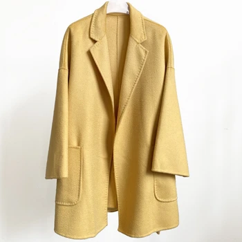 Однотонное женское пальто из 100% шерсти с водной рябью, короткое, новое, осенне-зимнее, с отложным воротником, длинным рукавом, пальто из натуральной шерсти, модное женское