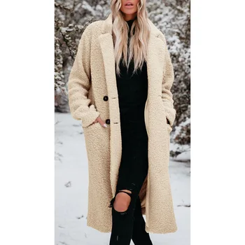 Осенне-зимнее женское плюшевое пальто, однотонная плюшевая теплая флисовая термокуртка, пальто с длинным рукавом и лацканами для женщин