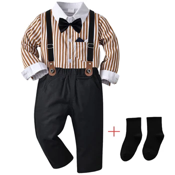 Осенний комплект детской одежды Для мальчиков, Полосатая рубашка с длинными рукавами и галстуком-бабочкой, Брюки на подтяжках, костюм джентльмена для Вечеринки по случаю Дня Рождения, красивая одежда