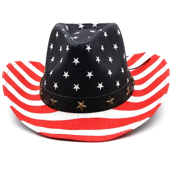 Простая Соломенная Ковбойская шляпа Женщины Мужчины США Американский Флаг Западное Сомбреро Hombre Шляпа Outback Toyo Sun Hat