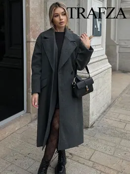 Прямое женское пальто с лацканами из ТРАФЗЫ, Повседневное двубортное офисное женское длинное пальто, осень-зима, однотонное женское уличное пальто